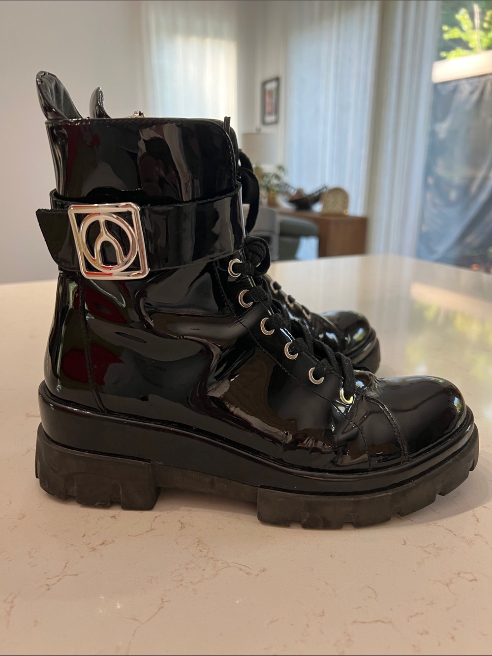WISHBONE Gorgeous Patent Gloss Combat Boots with Buckle Strap - Black